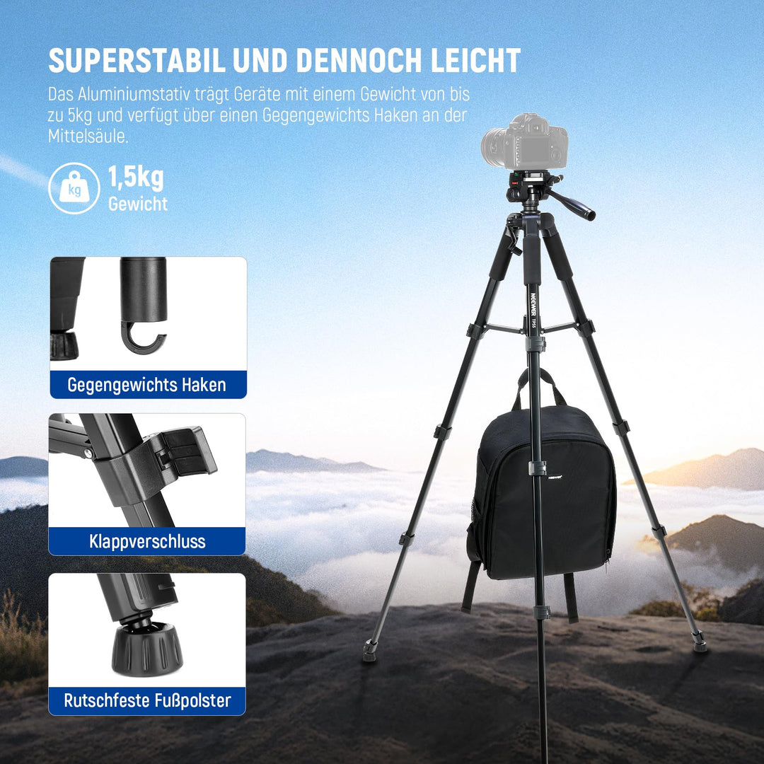 Kamera-Stativ Aluminium 2-in-1 mit Einbein 177cm 3-Wege-Kopf - Bild 4