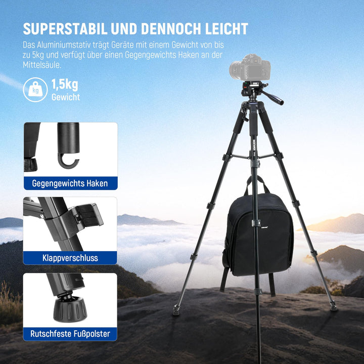 Kamera-Stativ Aluminium 2-in-1 mit Einbein 177cm 3-Wege-Kopf - Bild 4