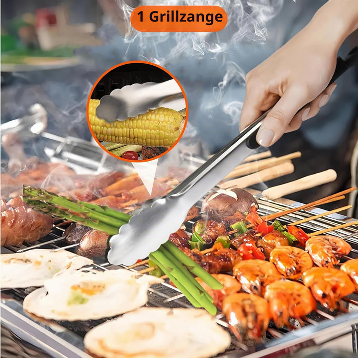 Plancha Grillbesteck Set 9-teilig Edelstahl mit Spatel Zange Schmelzkuppel - Bild 4
