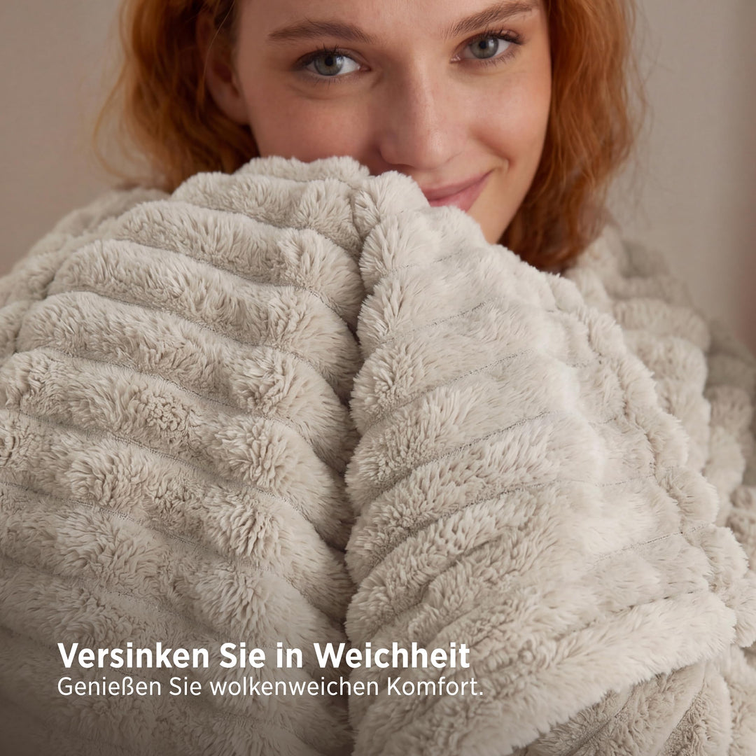 Kuscheldecke Flanell-Fleece 230x270 cm Streifenmuster Beige - Bild 3