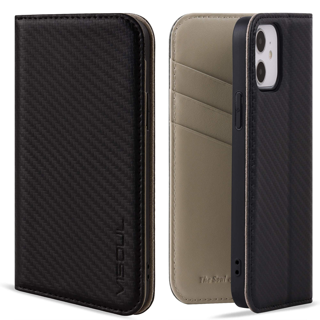 Leder Handyhülle iPhone 12 Mini Grau mit 3 Kartenfächern RFID-Schutz