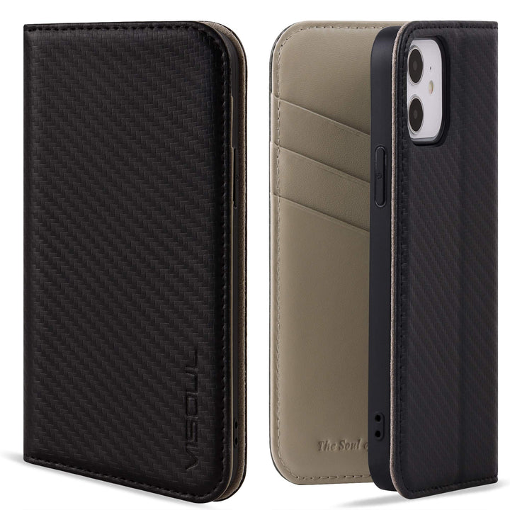 Leder Handyhülle iPhone 12 Mini Grau mit 3 Kartenfächern RFID-Schutz