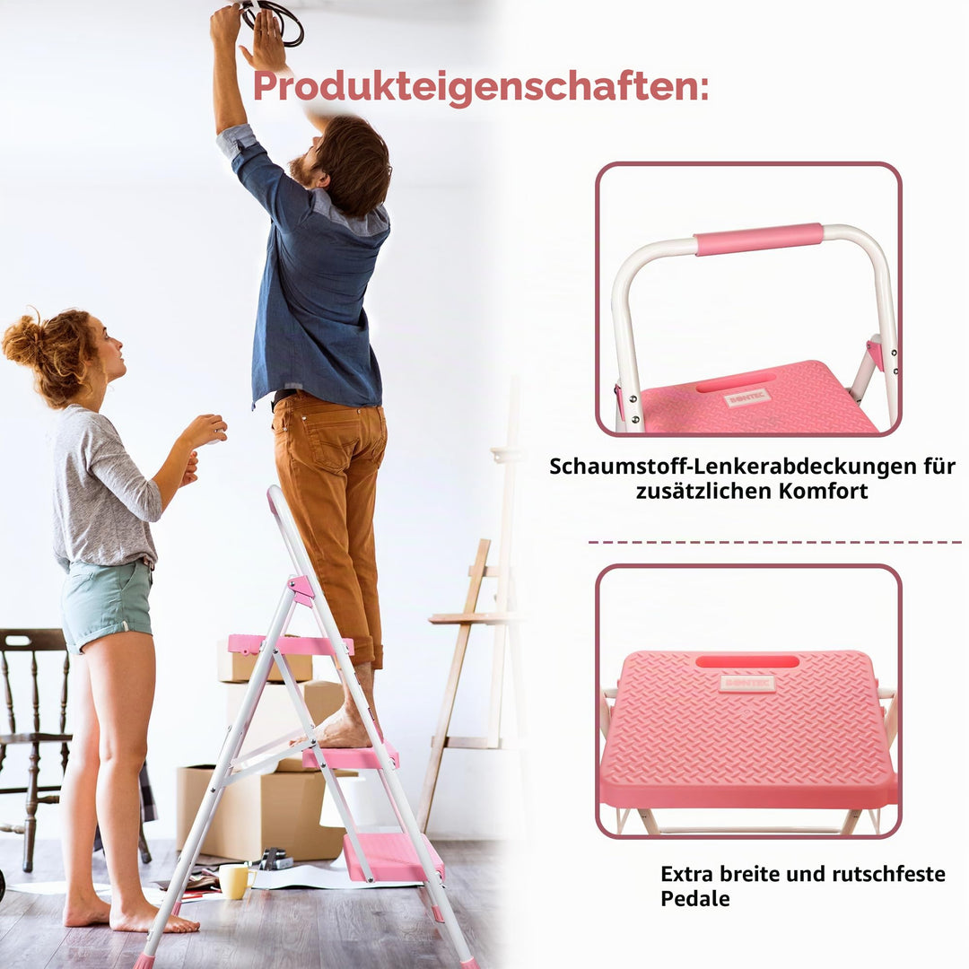 Trittleiter 3 Stufen klappbar Stahl 150 kg rosa mit Antirutsch - Bild 5