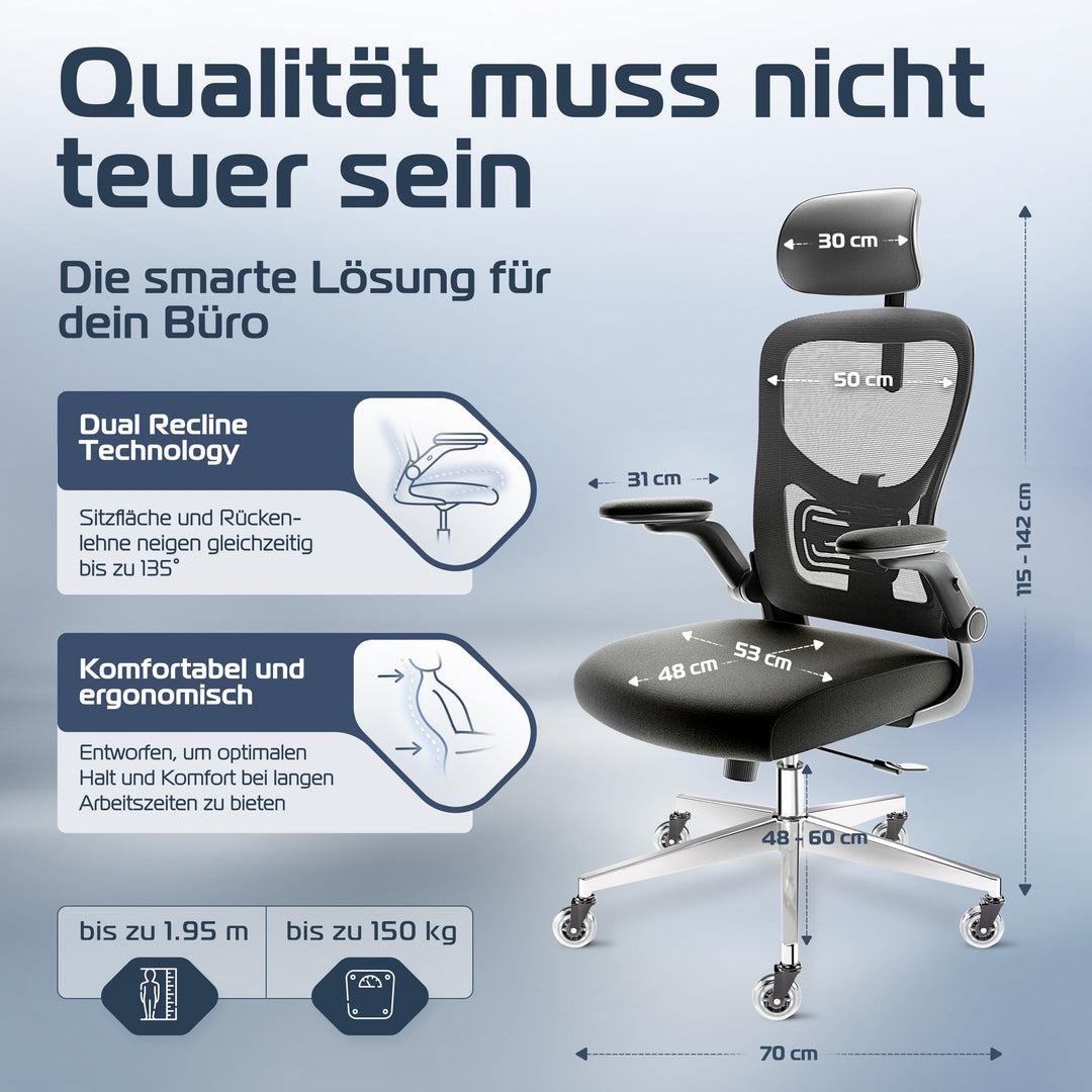 Bürostuhl Ergonomisch Mesh 150kg Nylon mit Lendenwirbelstütze - Bild 3