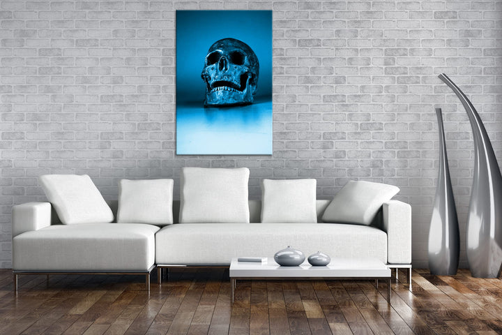 Leinwandbild Totenkopf Monochrom Blau 80x60 cm Echtholzrahmen - Bild 2