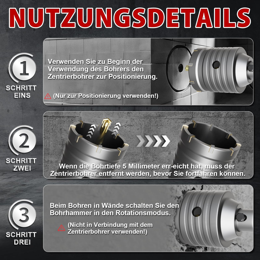 Bohrkronen-Set Hartmetall 7 Grössen SDS Plus &amp; Max für Beton Mauerwerk - Bild 8