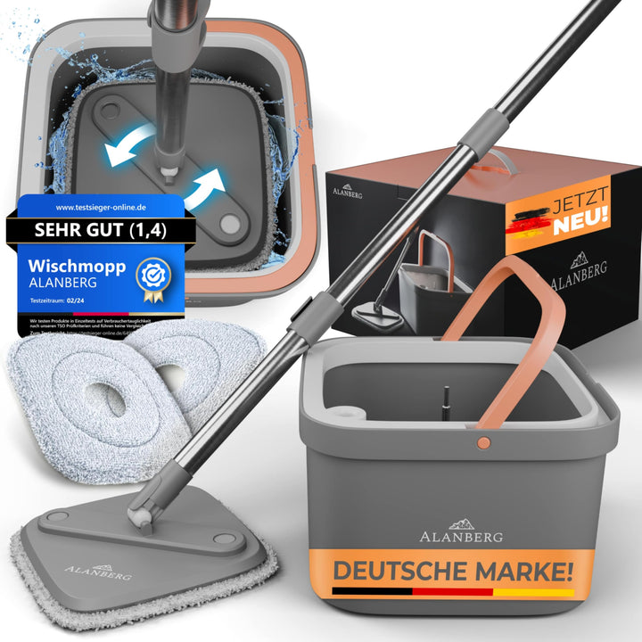 Wischmopp Set mit 2-Kammer-Eimer Schleudermechanismus Hartboden