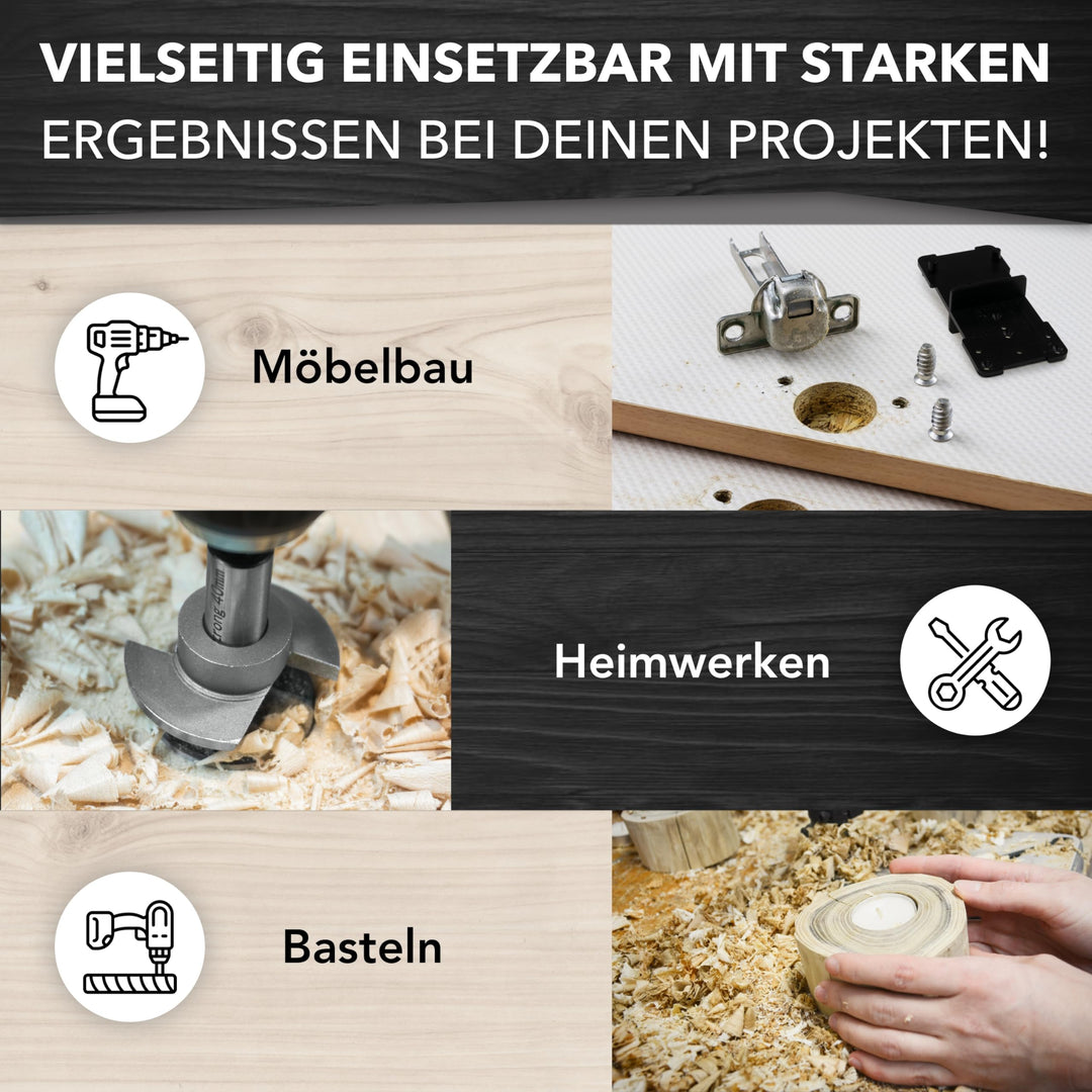 Forstnerbohrer Set 15-40mm 13-teilig mit Tiefenstopp und Bohrschablone - Bild 7