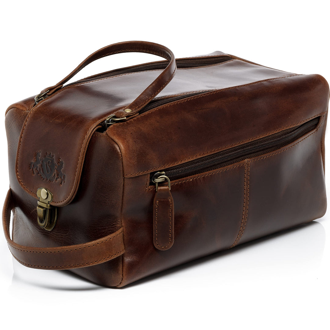 Kulturtasche Herren Echtleder handgefertigt Vintage-Look XL braun