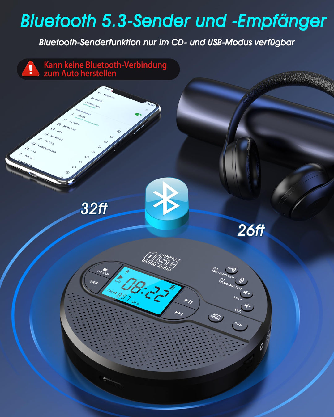 CD Player tragbar mit Bluetooth 5.3 und FM-Transmitter, LCD, 9h Akku - Bild 3