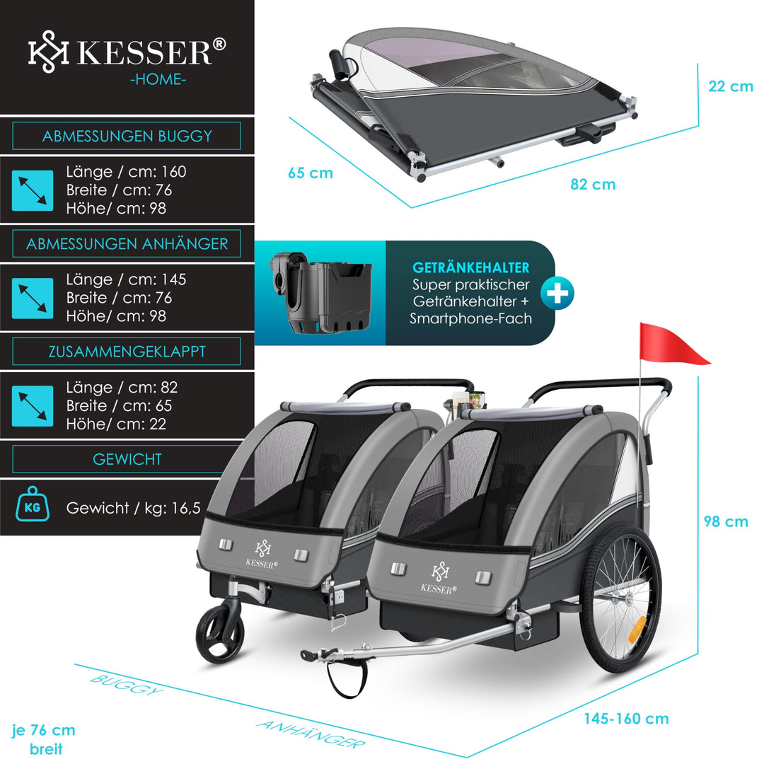 Kinderfahrradanhänger 2in1 Jogger &amp; Buggy für 1-2 Kinder bis 40 kg - Bild 7