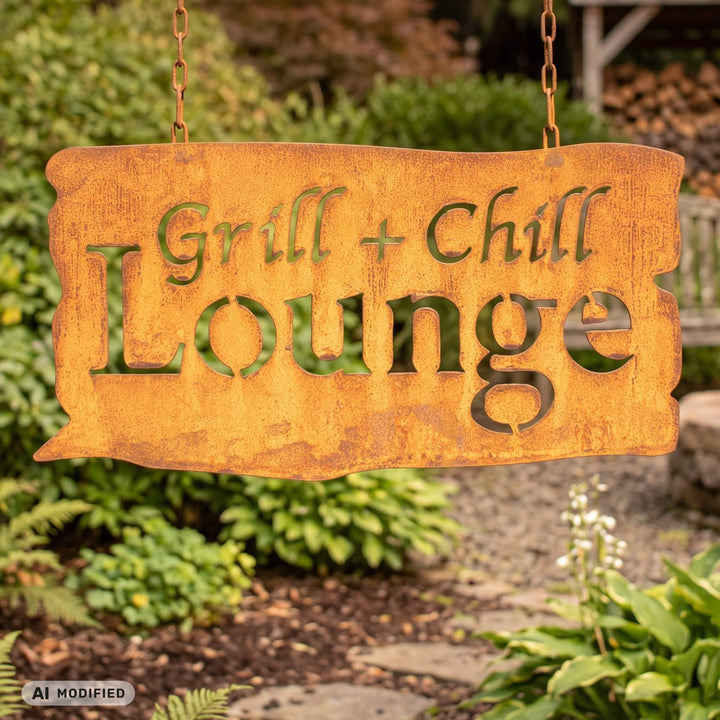 Gartenschild Grill &amp; Chill Lounge Edelrost Metall 46x24 cm - Bild 3