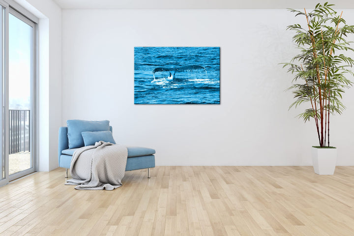 Leinwandbild Walschwanzflosse Monochrom Blau 80x60 cm Echtholz - Bild 4