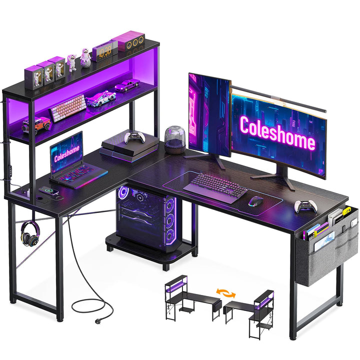 Gaming Tisch L-Form mit RGB-LED und Regal 135x100 cm Schwarz
