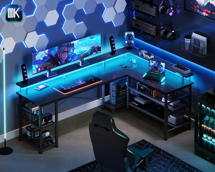 Gaming Schreibtisch L-Form LED 168x120cm mit Steckdosen USB Kohlefaser - Bild 2