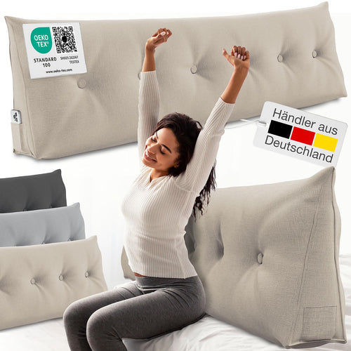 Rückenkissen Keilform 180 cm breit für Bett und Sofa mit Seitenfach