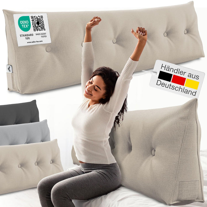 Rückenkissen Keilform 180 cm breit für Bett und Sofa mit Seitenfach