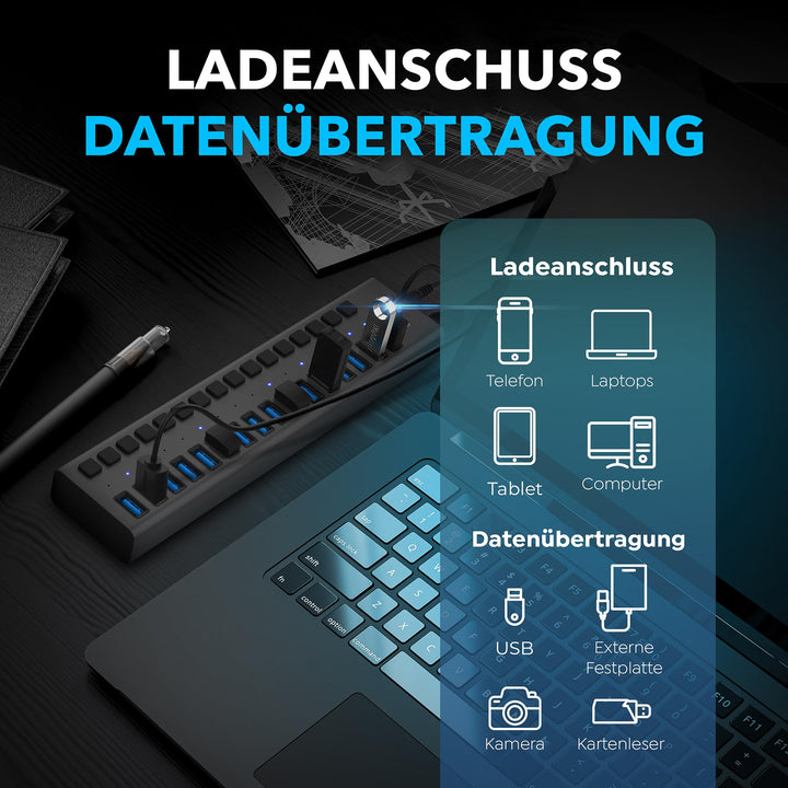 USB Hub 16-Port aktiv mit Netzteil 90W Schalter für PC Laptop - Bild 5
