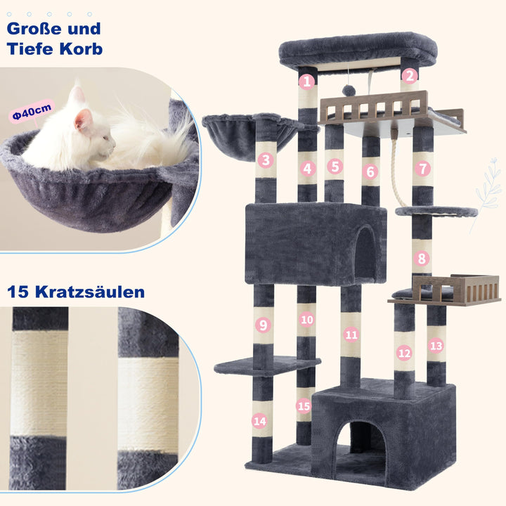 Kratzbaum 174 cm für grosse &amp; schwere Katzen, 15 Kratzsäulen