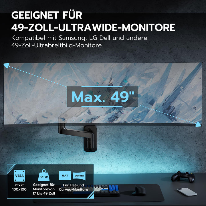 Monitor Wandhalterung bis 49 Zoll Stahl/Alu schwarz mit Gasdruckfeder - Bild 4