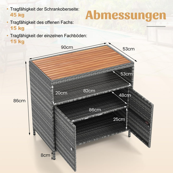 Gartenschrank Rattan mit Akazienholz-Arbeitsplatte 2-türig grau - Bild 4
