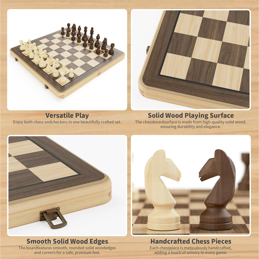 Schach- und Dame-Set Holz 2-in-1 klappbar 38 cm mit Staunton-Figuren - Bild 5