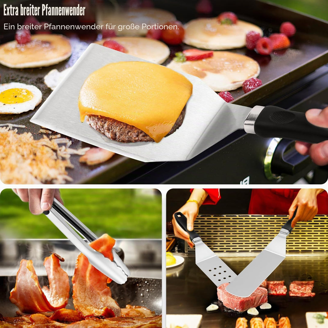 Grillbesteck Set 27-tlg Edelstahl Plancha BBQ mit Burgerpresse - Bild 5