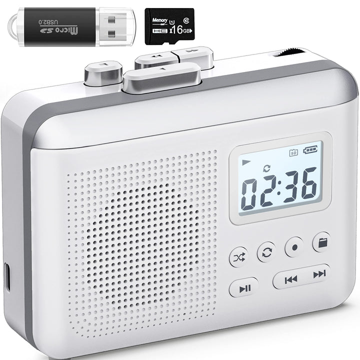Kassettenspieler tragbar mit MP3-Konverter, SD-Karte &amp; 1000-mAh-Akku