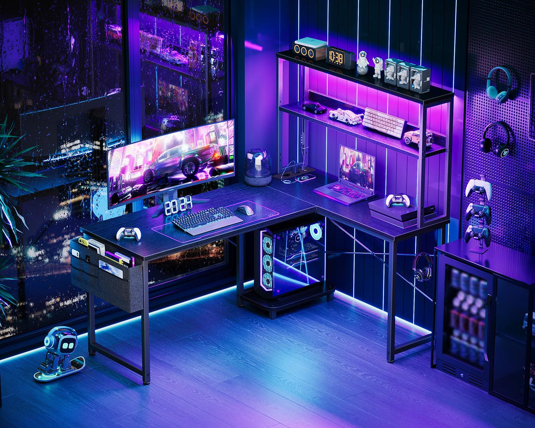 Gaming Tisch L-Form mit RGB-LED und Regal 135x100 cm Schwarz - Bild 2