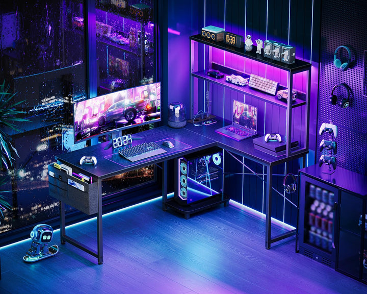 Gaming Tisch L-Form mit RGB-LED und Regal 135x100 cm Schwarz - Bild 2