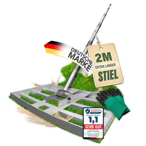 Rasen Rakel Stahl 43x25 cm mit 200 cm Stiel zur Rasenpflege