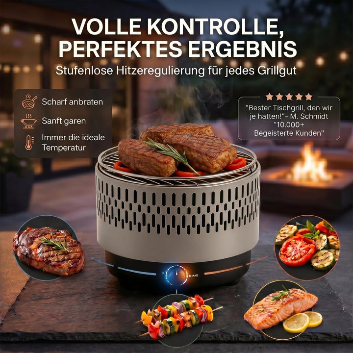 Tischgrill Holzkohle mit Aktivbelüftung und Lüfter, kompakt grau - Bild 6