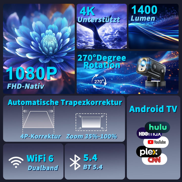 Mini Beamer 4K 1080P WiFi 6 Bluetooth 5.4 mit Autofokus 270° drehbar - Bild 3