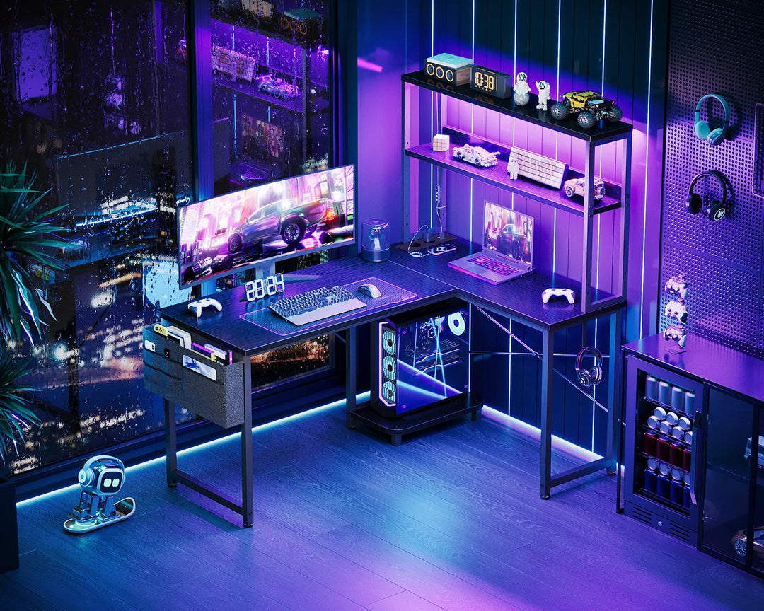 Gaming Tisch L-Form mit RGB-LED und Regal 110×80 cm Schwarz - Bild 2