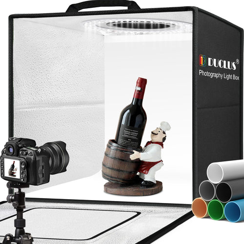 Fotobox 50x50 cm mit 216 LEDs dimmbar, 6 Hintergründe, faltbar