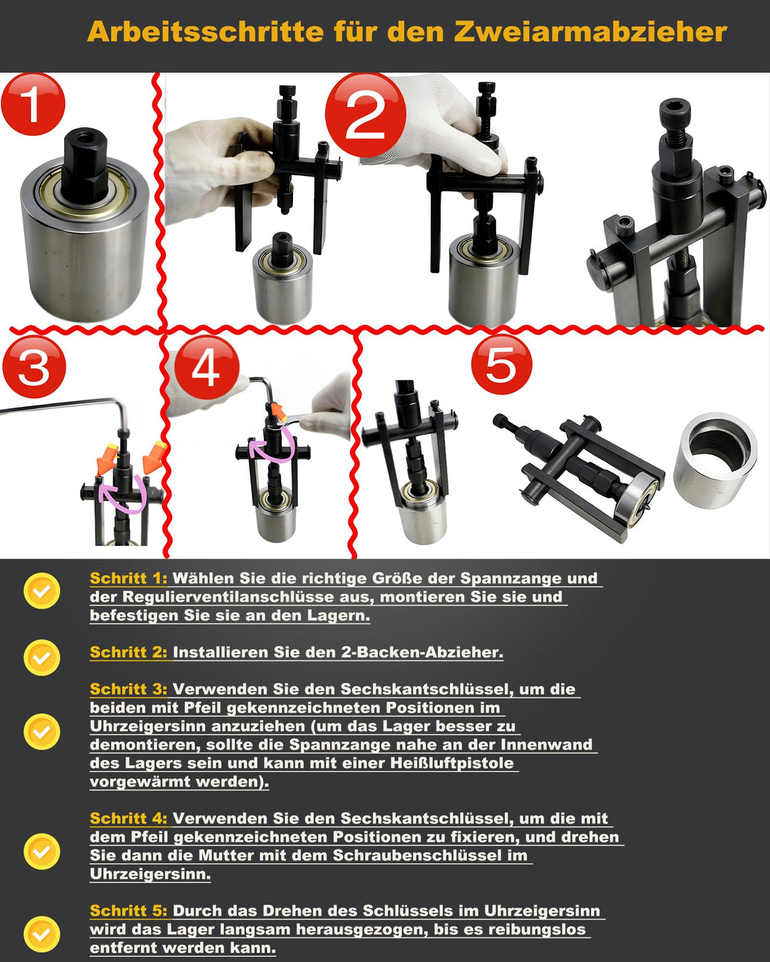 Lagerabzieher Set Sackloch 12-teilig Gleithammer &amp; Zweiarmabzieher 8–32mm - Bild 5
