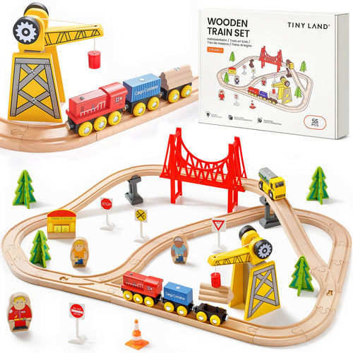 Holzeisenbahn Set 55-teilig aus Buche mit Magnetkran für Kinder
