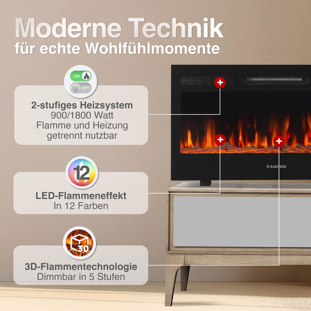 Elektrokamin 3-in-1 Stand Wand Einbau 1800W 12 Flammenfarben 3D-Effekt - Bild 3