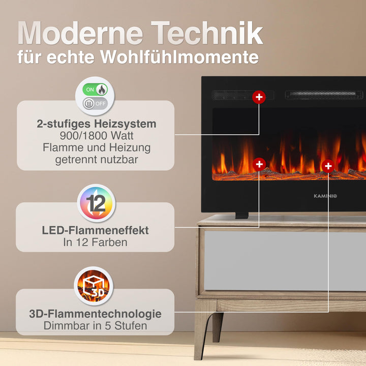 Elektrokamin 3-in-1 Stand Wand Einbau 1800W 12 Flammenfarben 3D-Effekt - Bild 3