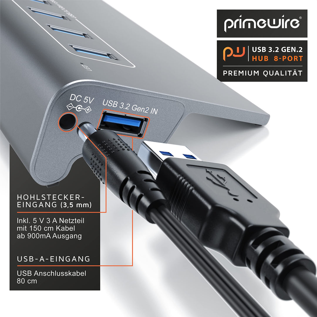 USB 3.2 Gen2 Hub 8-Port Aluminium 10 Gbit/s mit Netzteil - Bild 4