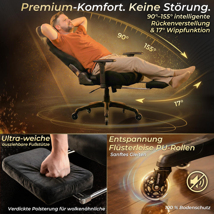 Gaming Stuhl Wildlederimitat ergonomisch 200kg mit Fussstuetze schwarz - Bild 6