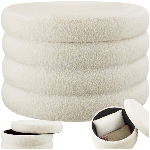 Sitzhocker mit Stauraum Bouclé rund XL Ø 67 cm cremeweiß