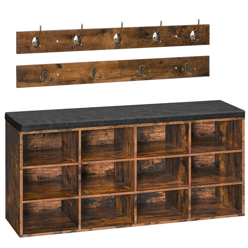 Garderobe Set mit Schuhbank 12 Fächer und Wandhaken Vintagebraun