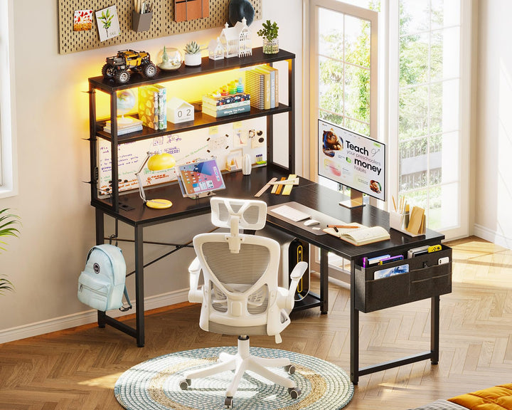 Gaming Tisch L-Form mit RGB-LED und Regal 110×80 cm Schwarz - Bild 7