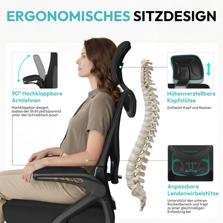 Bürostuhl Ergonomisch mit Kopfstütze Schwarz bis 150 kg - Bild 4