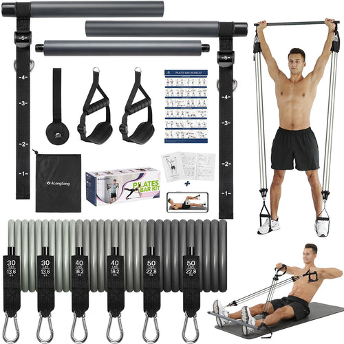 Pilates Bar Set mit 6 Widerstandsbändern 30–240 lbs für Home Gym