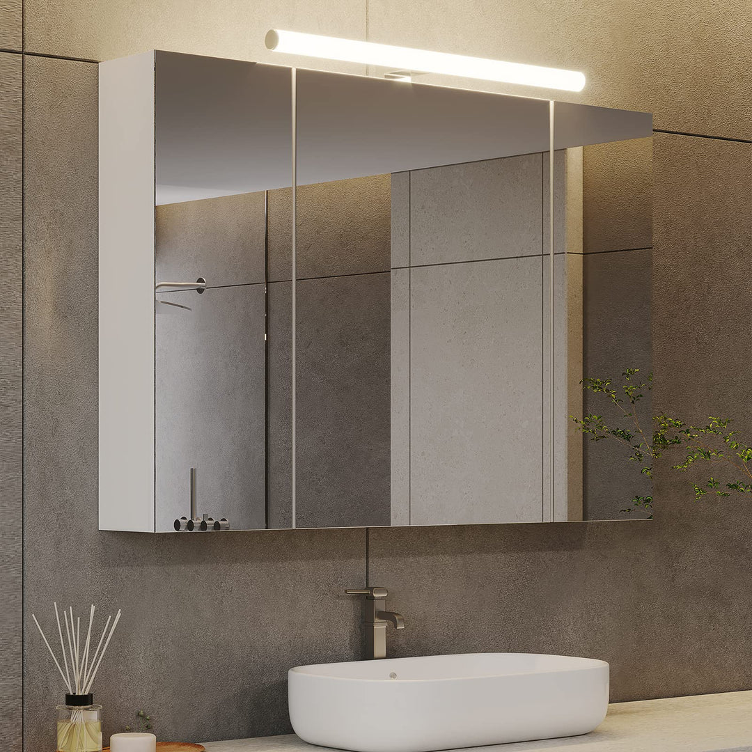 Spiegelschrank Bad mit LED-Beleuchtung 3 Türen Weiss 80x60x16cm