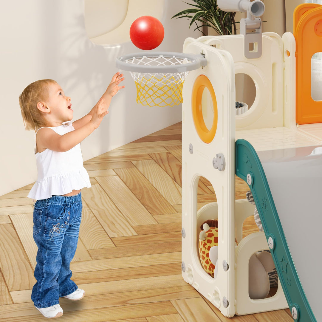 Kinderrutsche mit Tunnel, Plattform &amp; Basketball Indoor Outdoor Grün - Bild 6