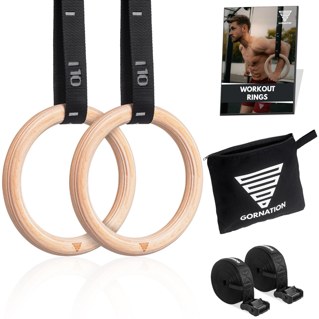 Turnringe Holz 18 cm Olympisches Mass mit Gurten fuer Calisthenics