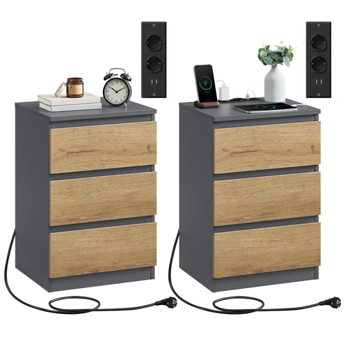 Nachttisch mit Steckdosenleiste 3 Schubladen 2 AC + 2 USB Schiefergrau